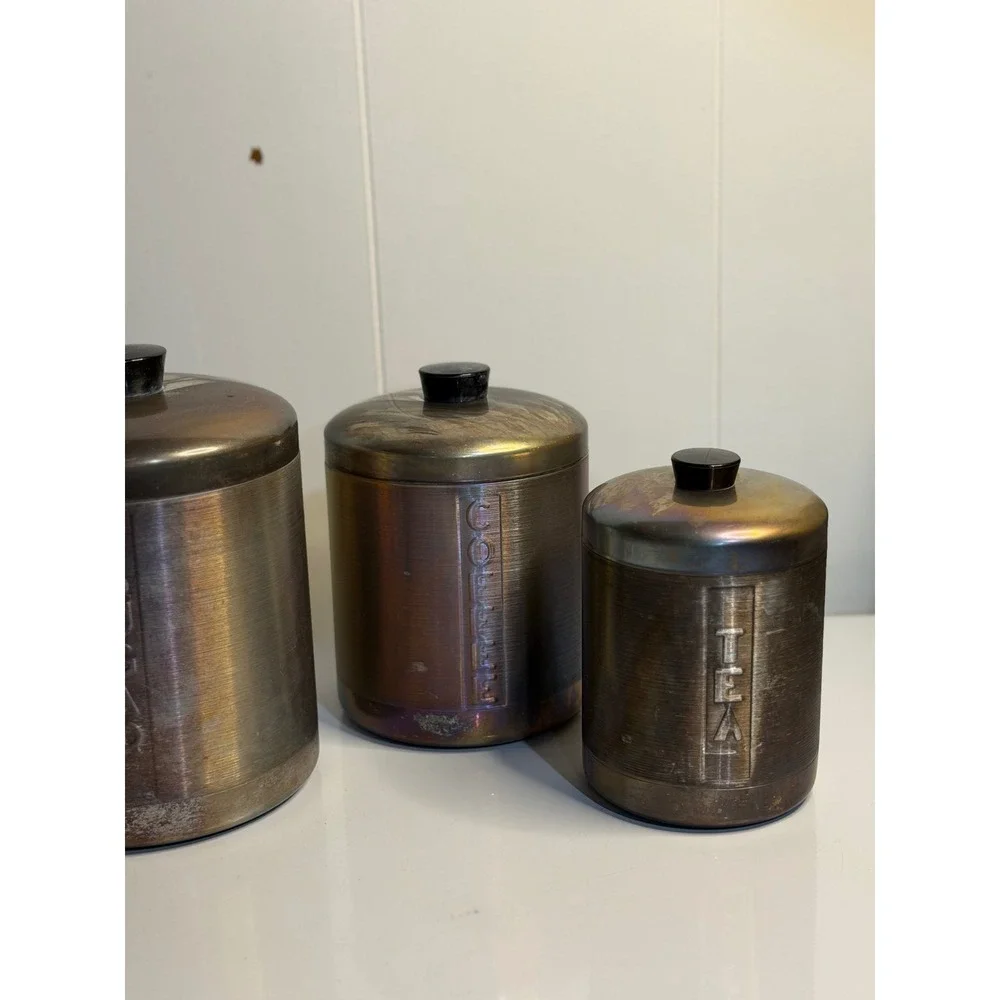 VTG 1950s Mid Century Modern Aluminum Brushed Spun Ware Canister Kitchen Set 4pc